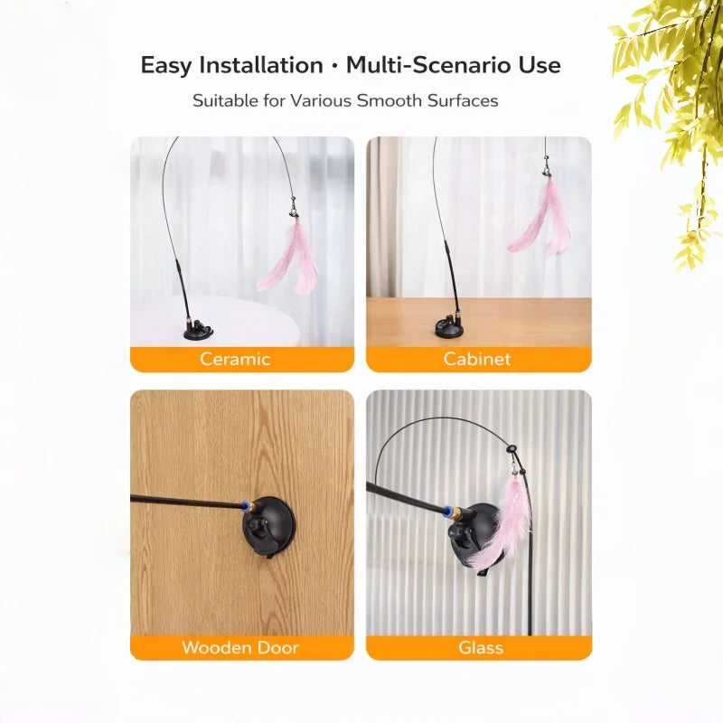 Strong Suction Cup Cat Teaser Toy, Heavy Duty Detachable Long Rod with Bell, Interactive Kitten Toy for Indoor Cats