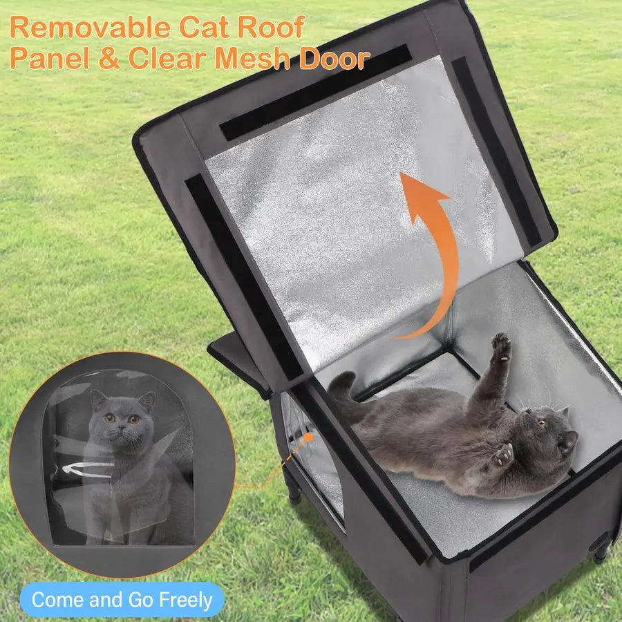 Heated Outdoor Cat House with Heating Pad Bed, Insulated Cat House. Elevated Outdoor Feral Cat Shelter with Soft Mat.