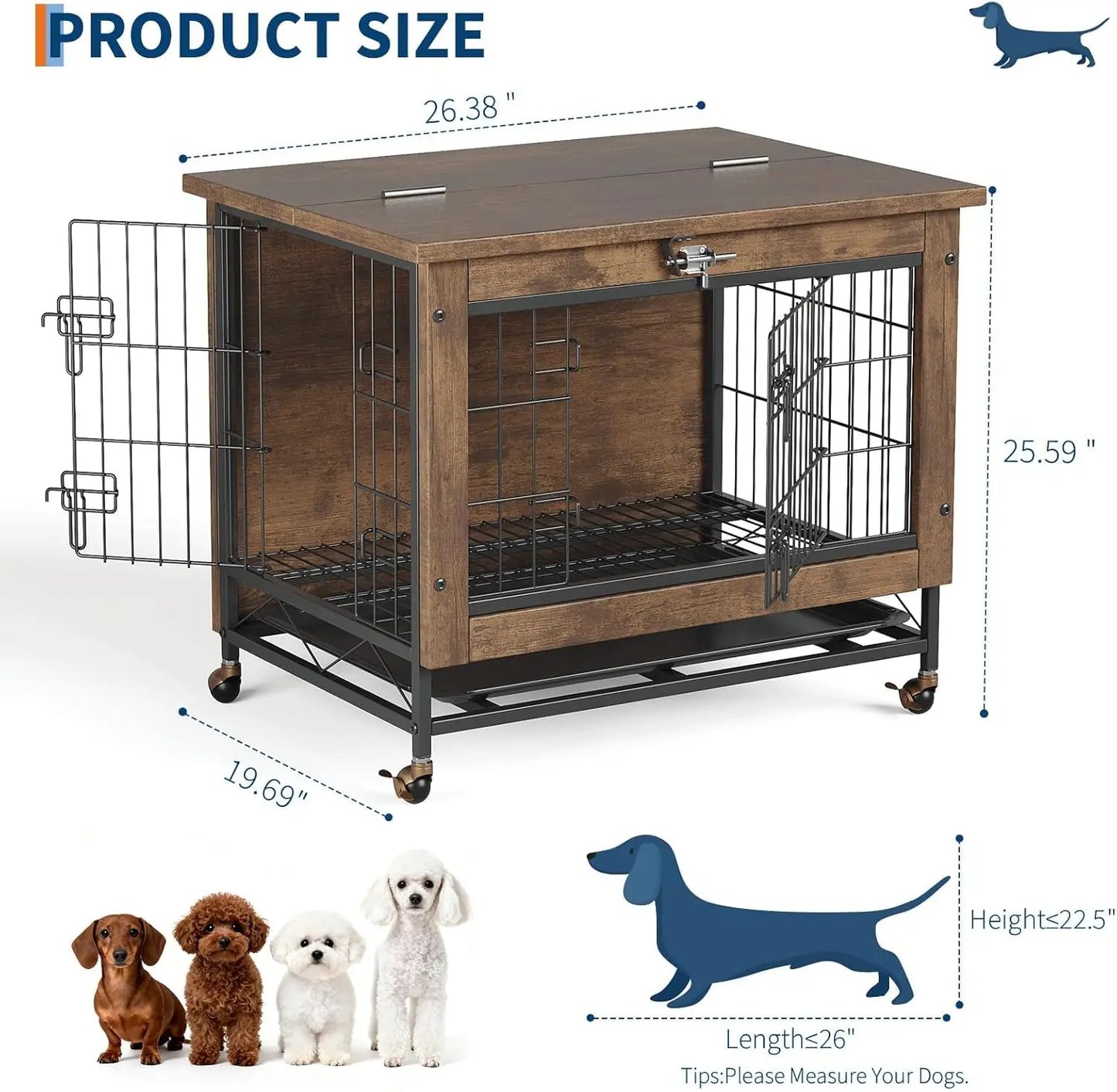 Rustic Dog Crate Furniture with Wheels, 26in Small Heavy Duty Metal and Wood Dog Kennel for Indoor, Anti-Chew Pet Cage & End Side Table