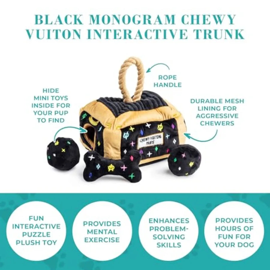 Black Monogram Chewy Vuiton Interactive Trunk Plush Dog Toy with Squeaker for All Breeds Stimulating Enrichment Machine