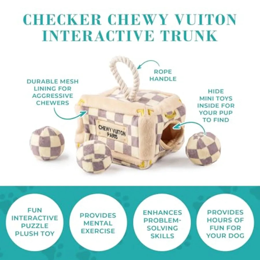 Checker Chewy Vuiton Trunk Activity House. Plush Designer Dog Toy with Interactive Squeaker. Stimulating Pet Enrichment Machine-