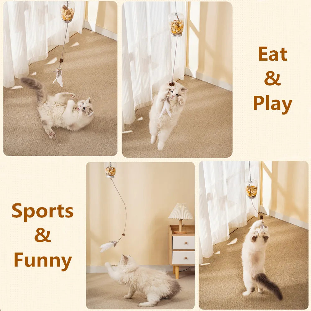 Cat Toy Interactive Food Feather Toys with Bell Hanging Door, Scratch Rope, Pet Food Feeder/Dispenser