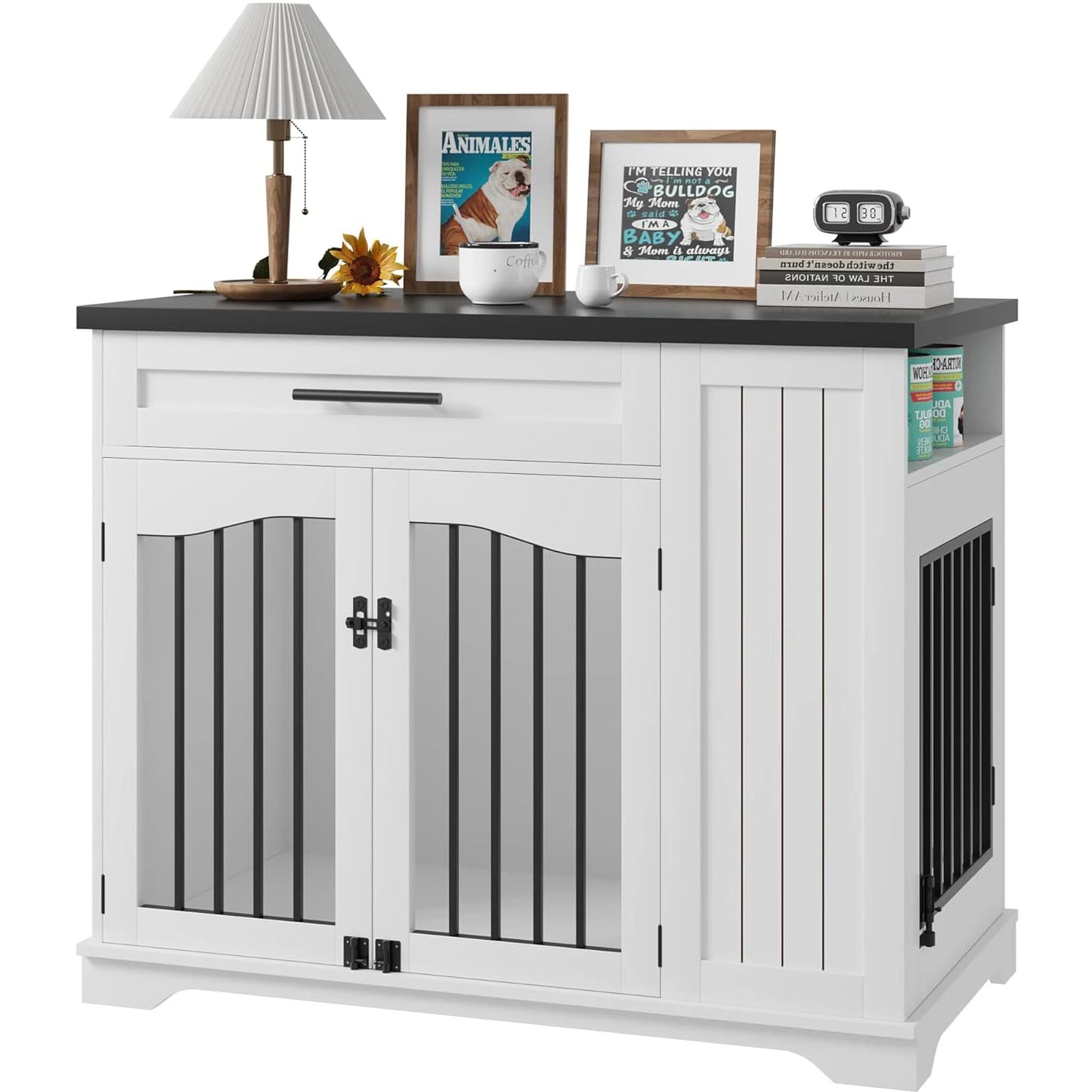 Furniture Style Dog Crate, Heavy Duty Wooden Dog Kennel With Drawer Side Storage & Built-in Feeding Station For Pets 44 Inch