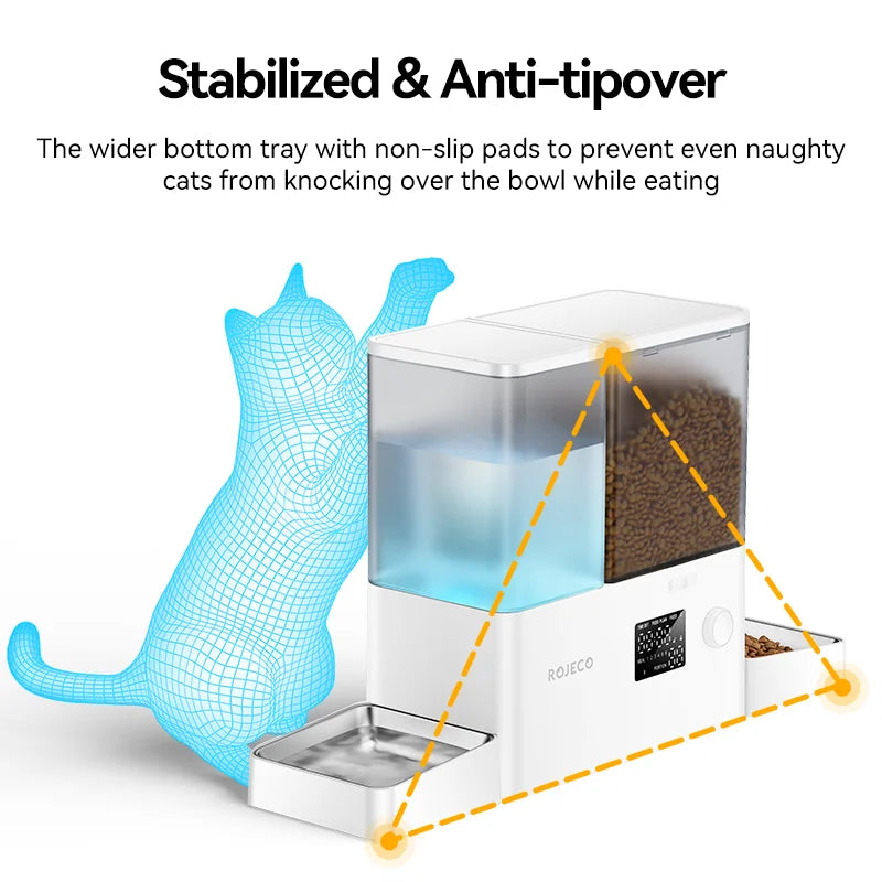 ROJECO 2 In 1 Automatic Pet Feeder, Gravity Water Fountain 8.5L Button Version, Auto Cat Kibble Dispenser with Water Refill Drinker