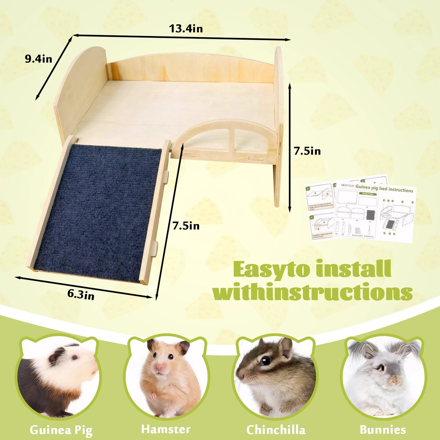 Wooden Small Animal Bed with Stable Stairs & Mat, Guinea Hideout with Washable Multi-Level Guinea Pig Platform
