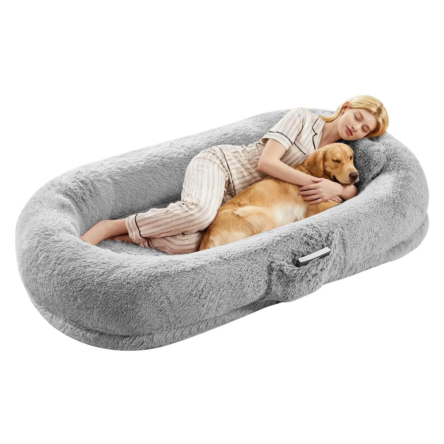 Oversized Human Dog Bed Orthopedic Faux Fur Pet Bed With Pillow Side Pocket Waterproof Lining & Anti-slip Bottom
