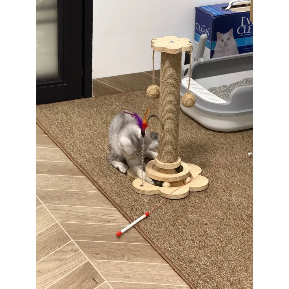 Cat Scratching Post with Teaser Wand, Wear-Resistant Sisal Scratcher Turntable, Pest-Resistant Climbing Frame Toy for Cats
