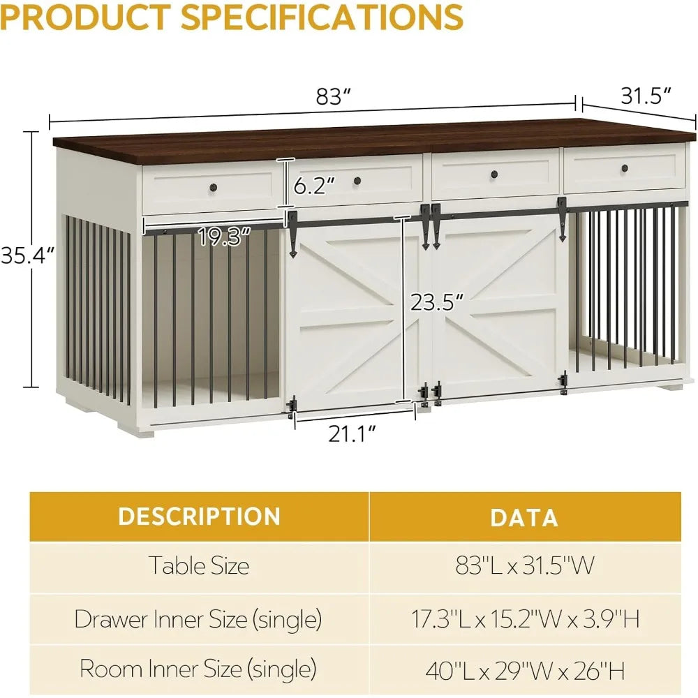 Indoor Wooden Dog Crate with 4 Drawers and Sliding Barn Doors for Small to Large Dogs - Stylish Kennel Furniture