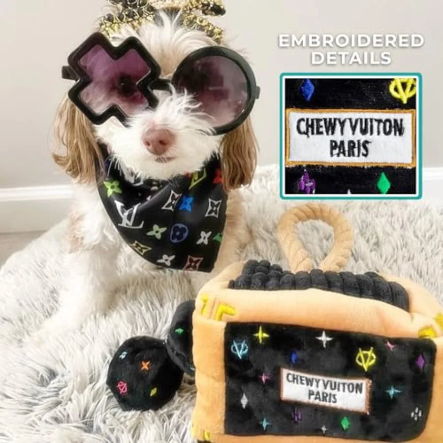 Black Monogram Chewy Vuiton Interactive Trunk Plush Dog Toy with Squeaker for All Breeds Stimulating Enrichment Machine