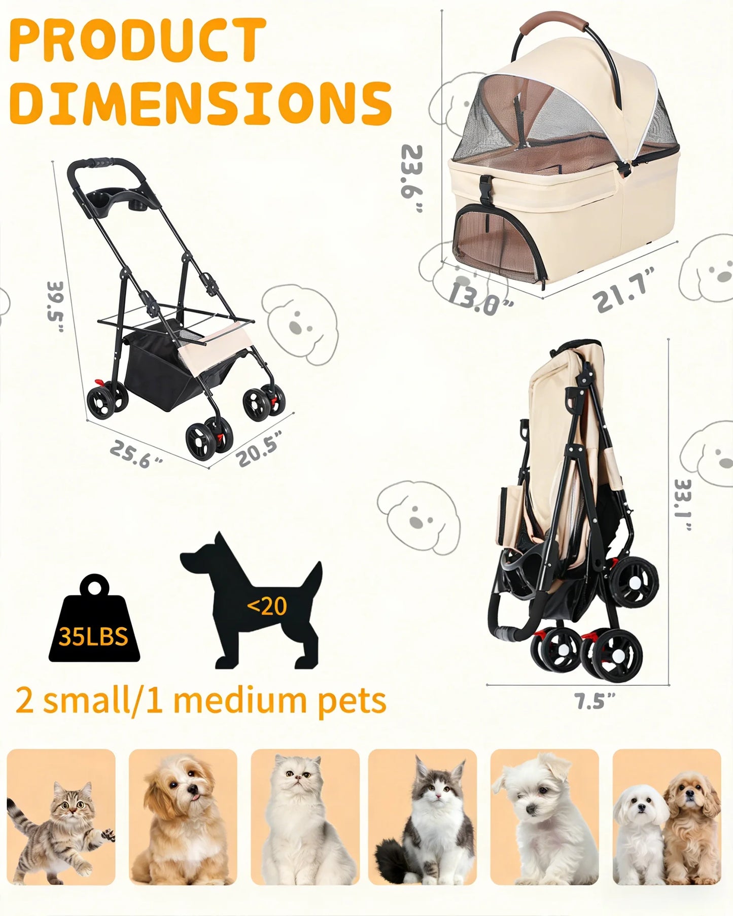 2-in-1 Pet Stroller for Small Dogs Cats Foldable Lightweight 4 Wheel Dog Stroller with Removable Carrier Travel Portable Pet Cart