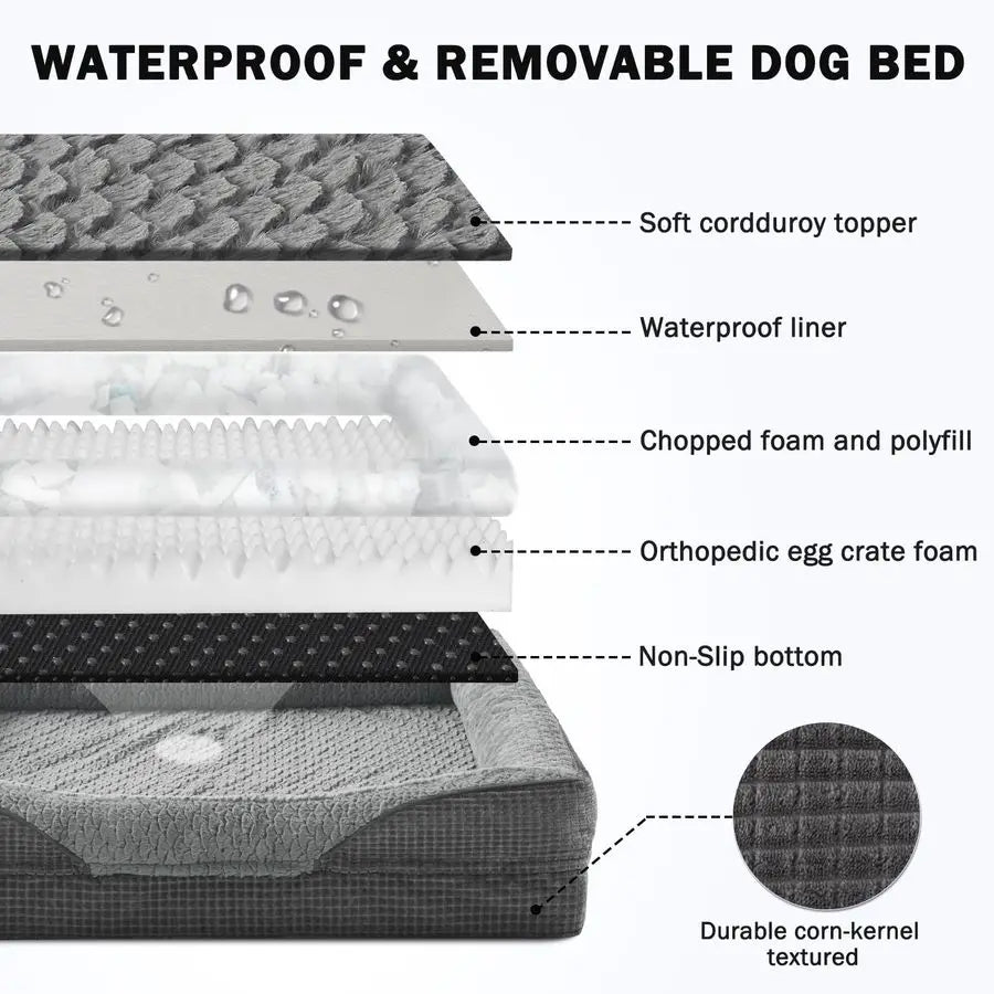 Orthopedic Dog Beds Large Sized, XL Washable EggCrate Memory Foam Dog Couch Bed with Washable Removable Cover, Waterproof Lining