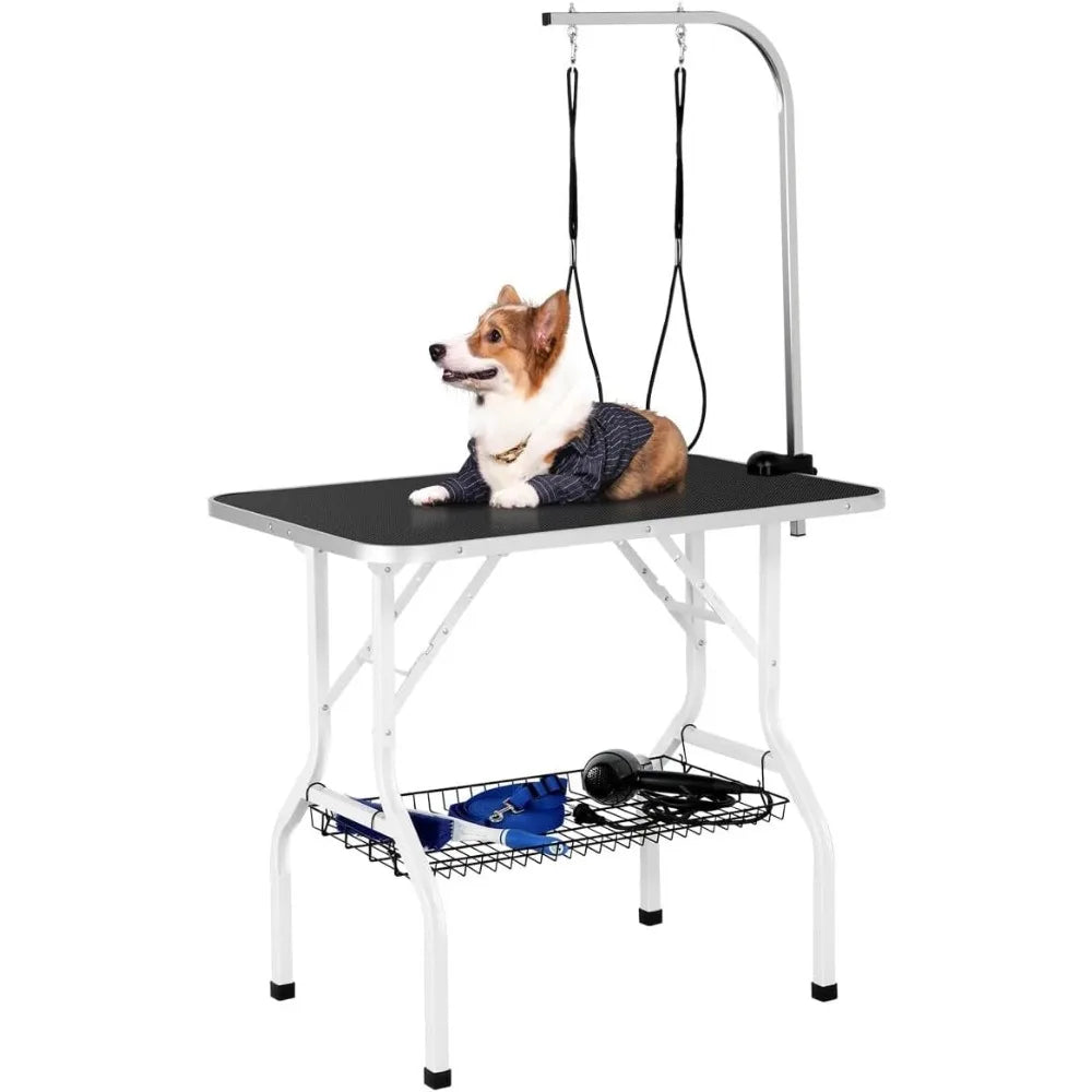 36'' Dog Grooming Table, Pet Foldable Grooming Table w/Double Loops/Mesh Tray/Adjustable Arm, Black