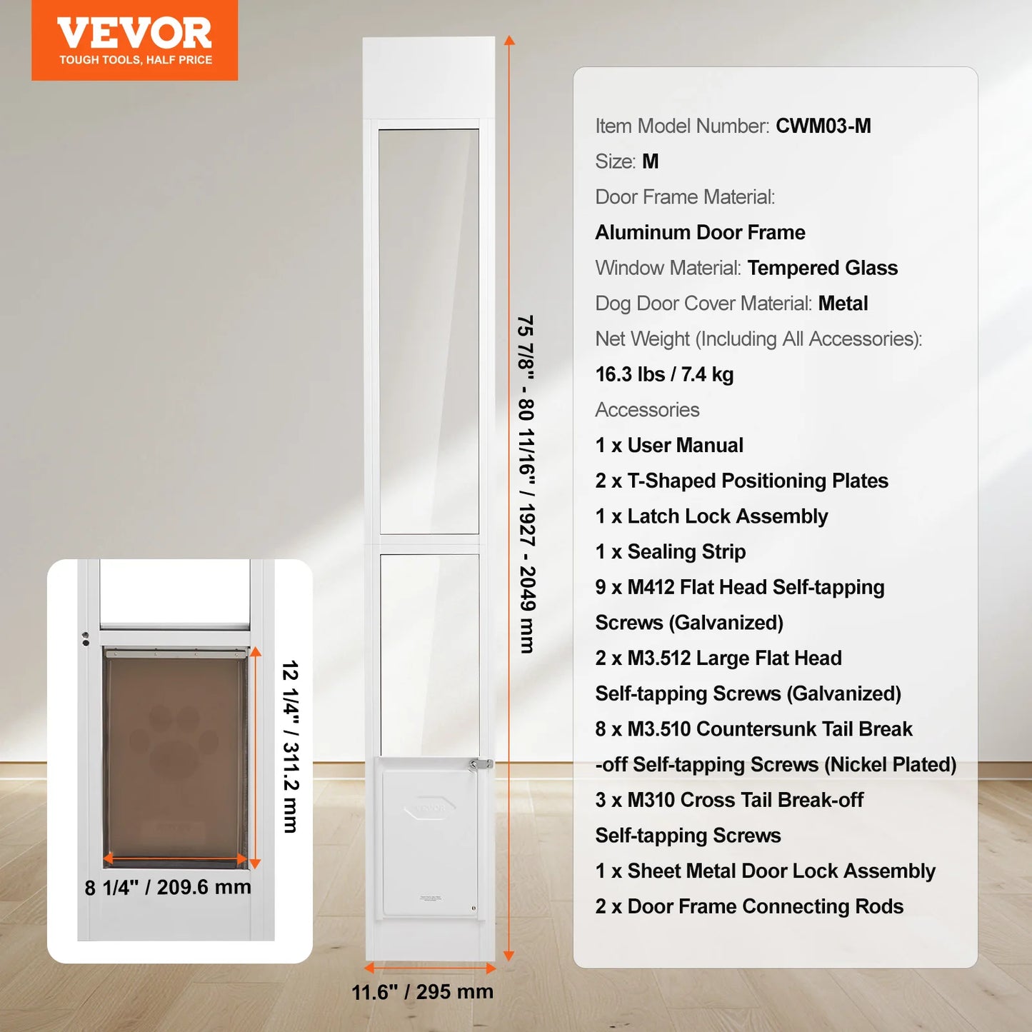 Dog Door Sliding Glass Door Adjustable Height Doggy Door Sliding Doors Aluminum Frame Tempered Glass Pet Door