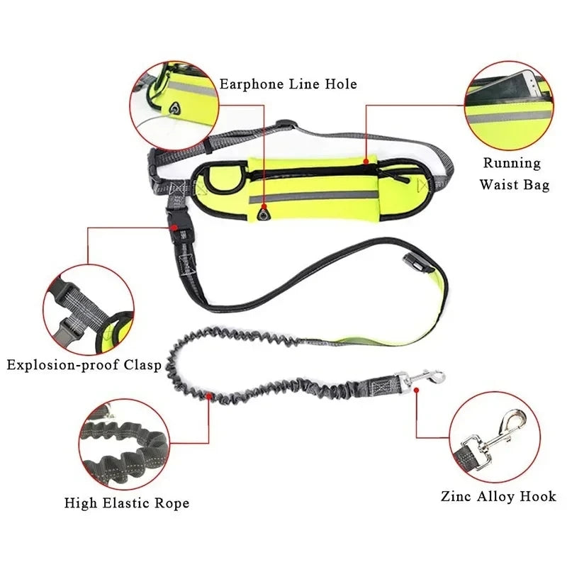 Dog Running Waist Leash Nylon Pet Leash with Waist Bag, Retractable Elastic Belt, Dog Traction Rope & Reflective Belt Buckle