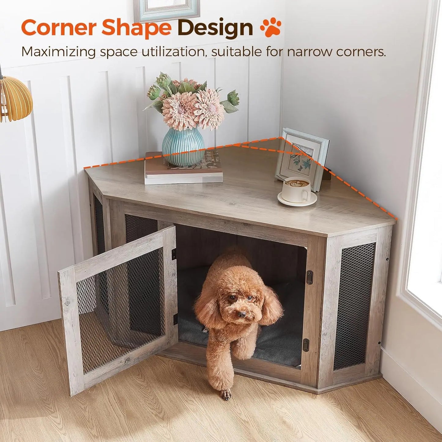 Corner Dog Crate, Wooden Kennel End Table for Small Medium Dogs, Decorative Pet Cage for Indoor Use, Greige Black