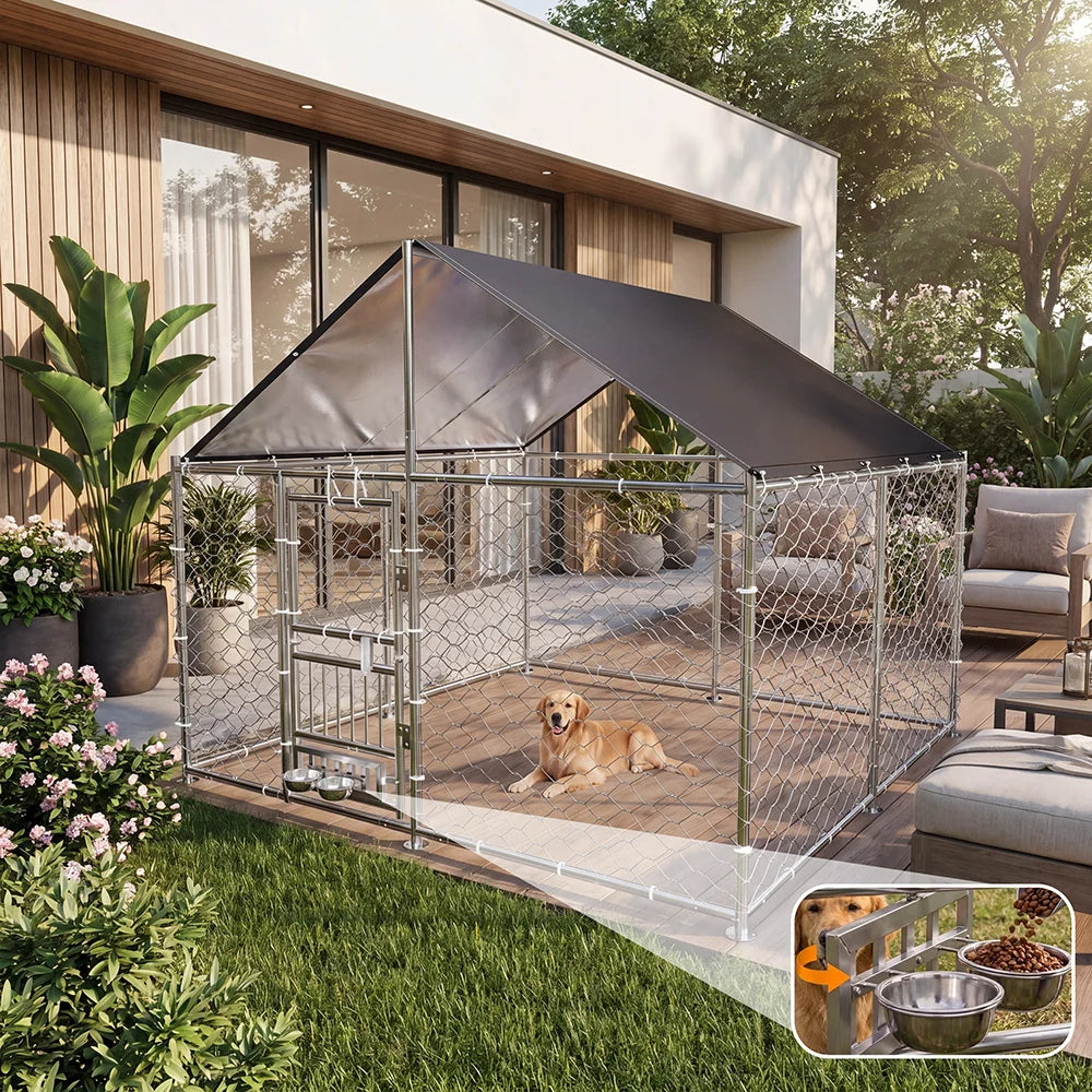 Dual-Opening Door Designed Heavy Duty Large Outdoor Dog Kennel with 200D Waterproof UV-Resistant Roof and 360° Rotate Dog Bowls