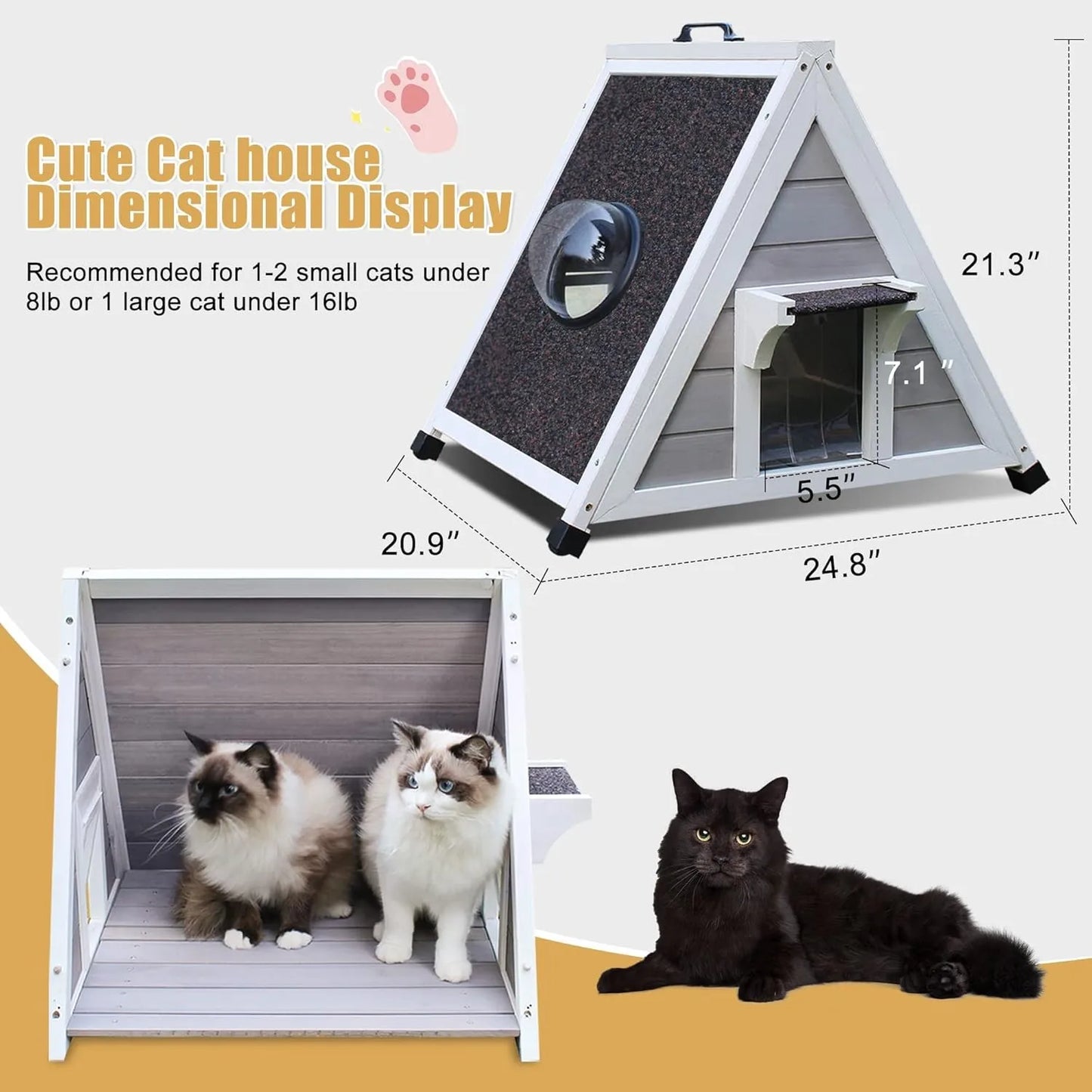Waterproof Outdoor Cat House for Large Cats, Weather Resistant Wooden Shelter with Escape Door