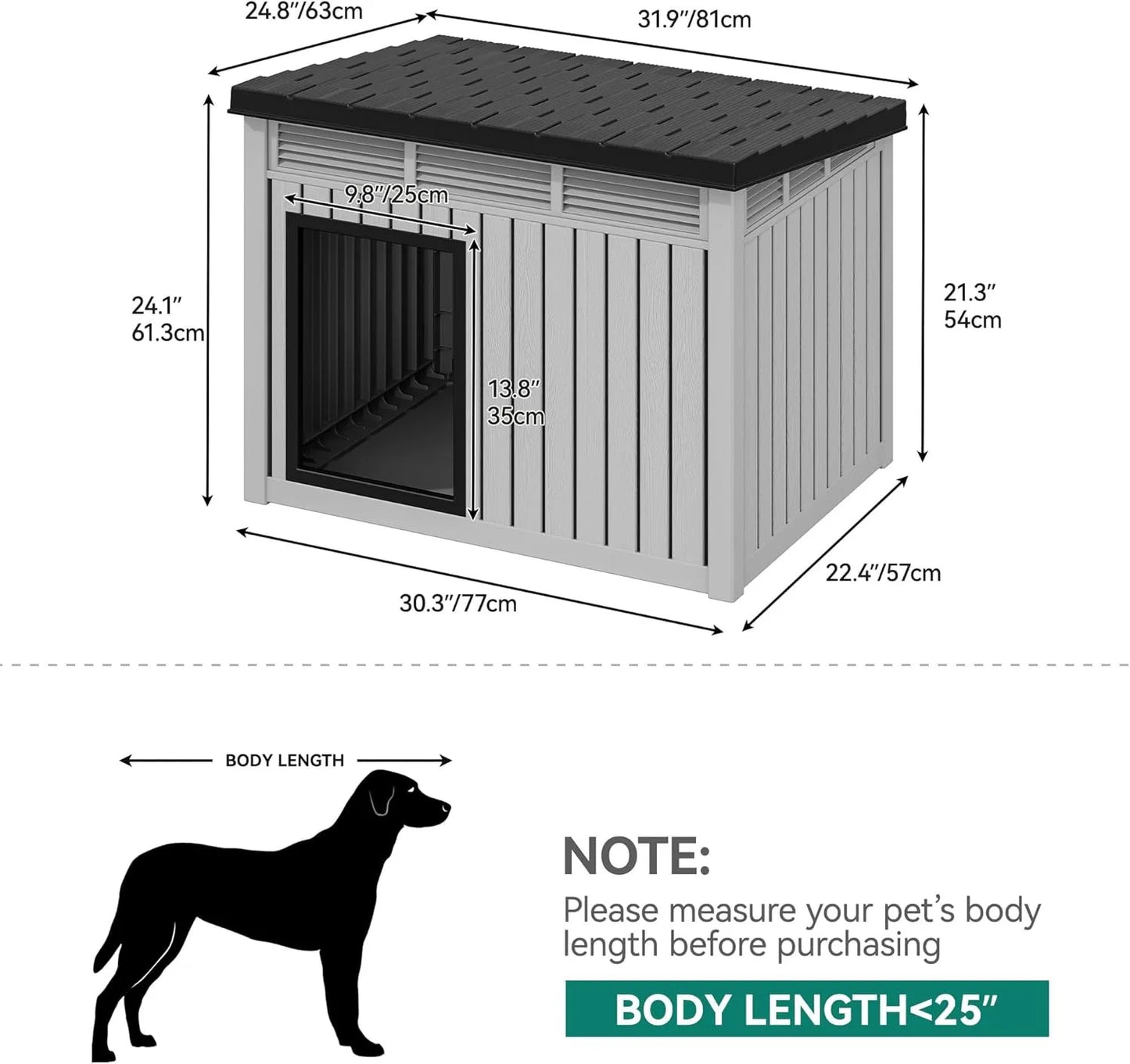 Gray Plastic Dog House with Liftable Roof, Outdoor Indoor Dog Kennel w/ Air Vents