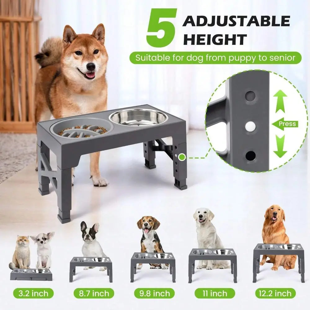 Dog Bowl Dog Supplies Dog Bowls, 5 Adjustable Heights Raised Dog Bowl Stand,  2 Stainless Steel Dog Food Bowls