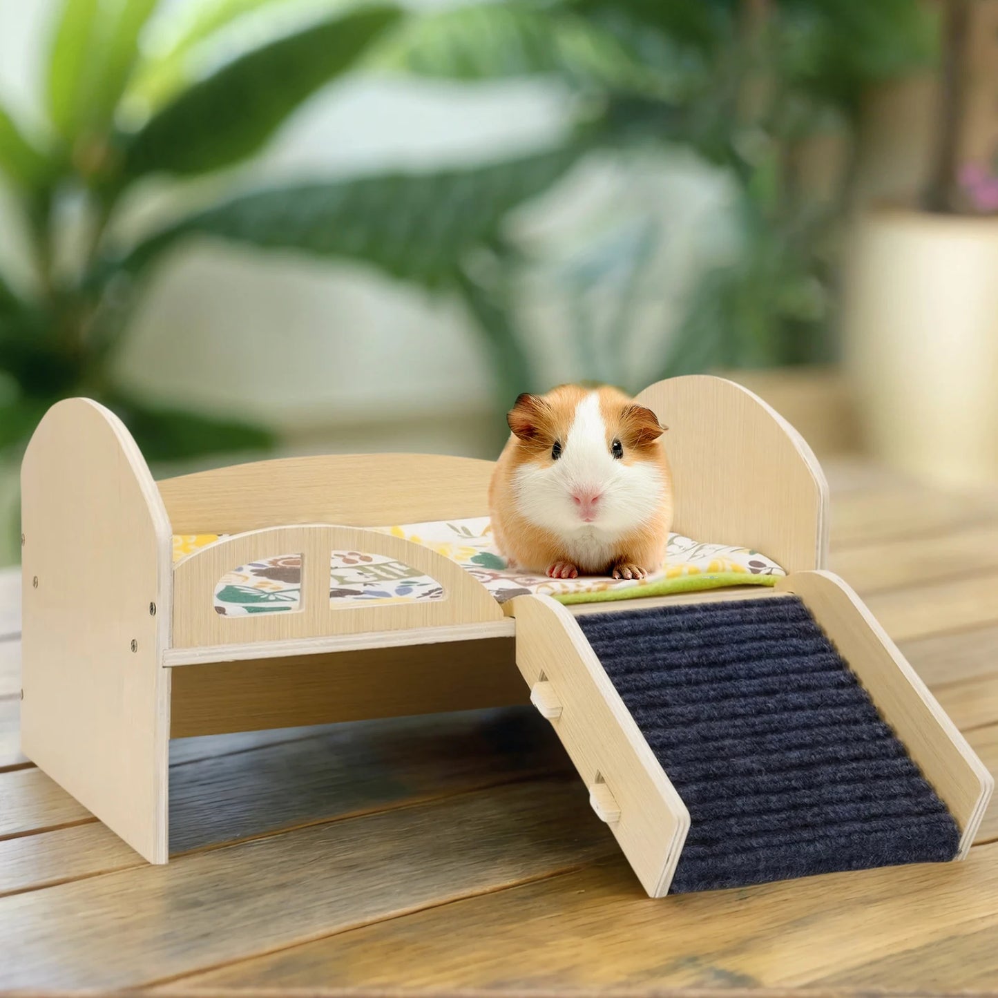 Guinea Pig Bed with Stable Stairs & Mat.  Wood Pet Toy Bed, Washable with Multi-Level Castle for Guinea Pigs, Hamsters, Bunnies & Chinchillas
