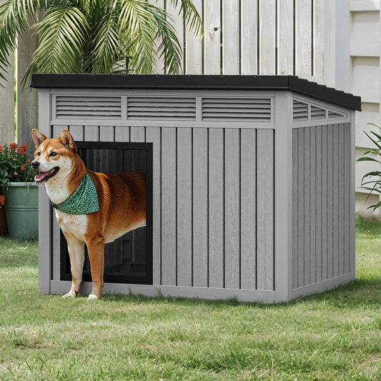 Gray Plastic Dog House with Liftable Roof, Outdoor Indoor Dog Kennel w/ Air Vents