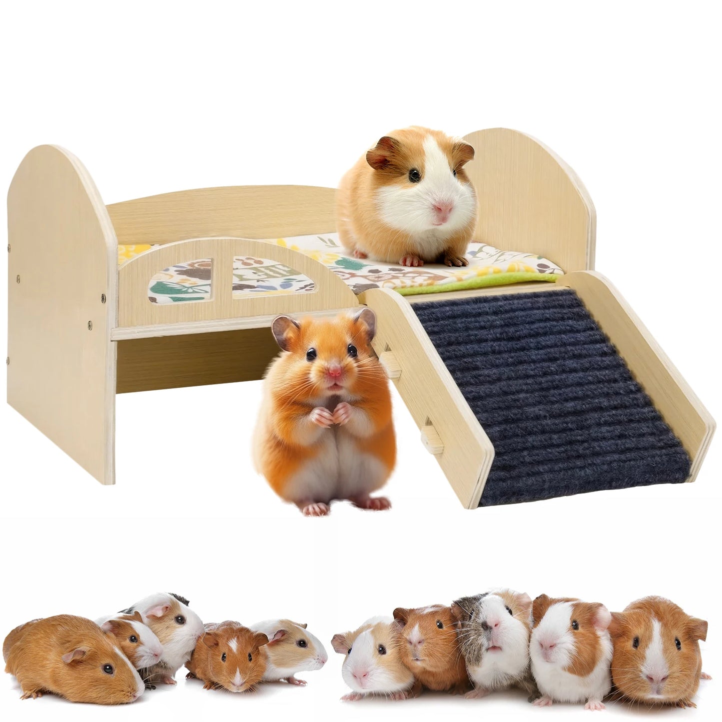 Guinea Pig Bed with Stable Stairs & Mat.  Wood Pet Toy Bed, Washable with Multi-Level Castle for Guinea Pigs, Hamsters, Bunnies & Chinchillas