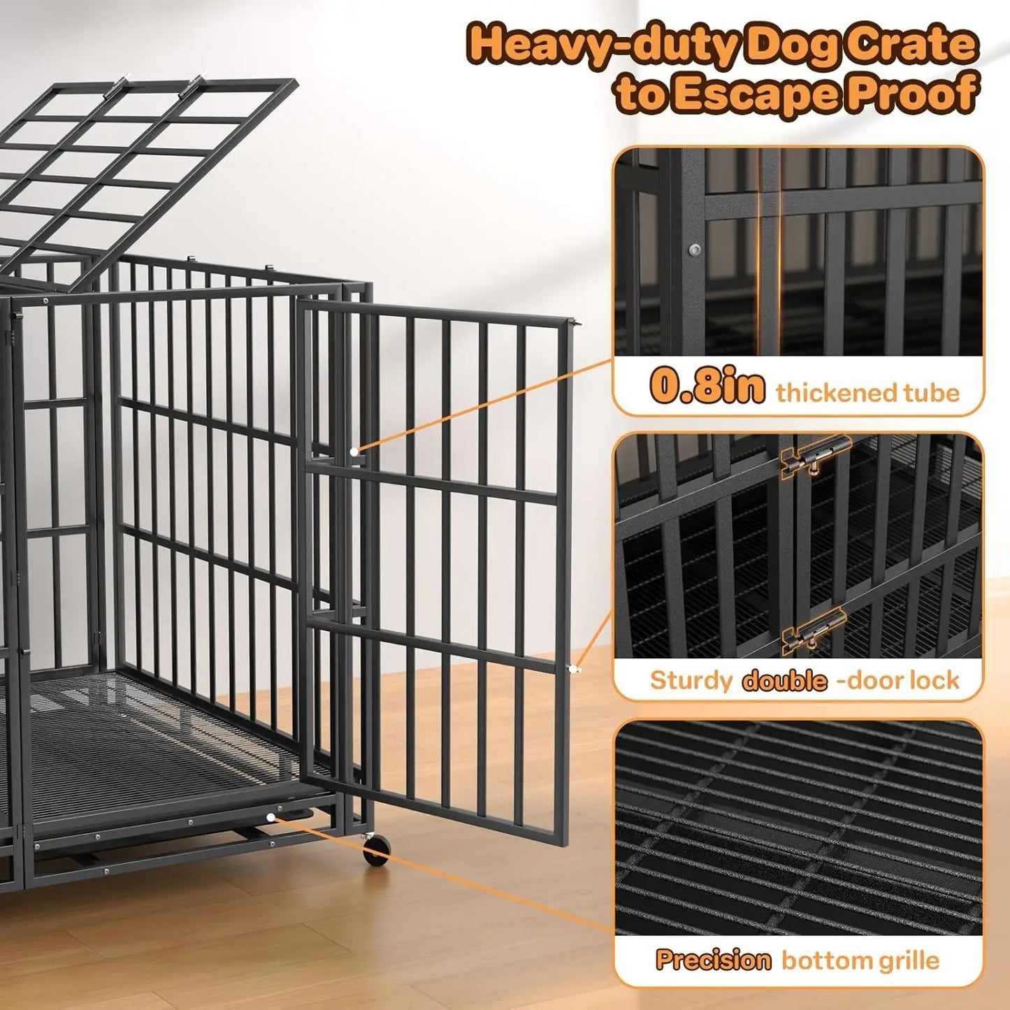 60 Inch Heavy Duty Dog Crate, Indestructible Escape-Proof Dog Kennel for High Anxiety Large Dogs, Strong Carbon, Customized