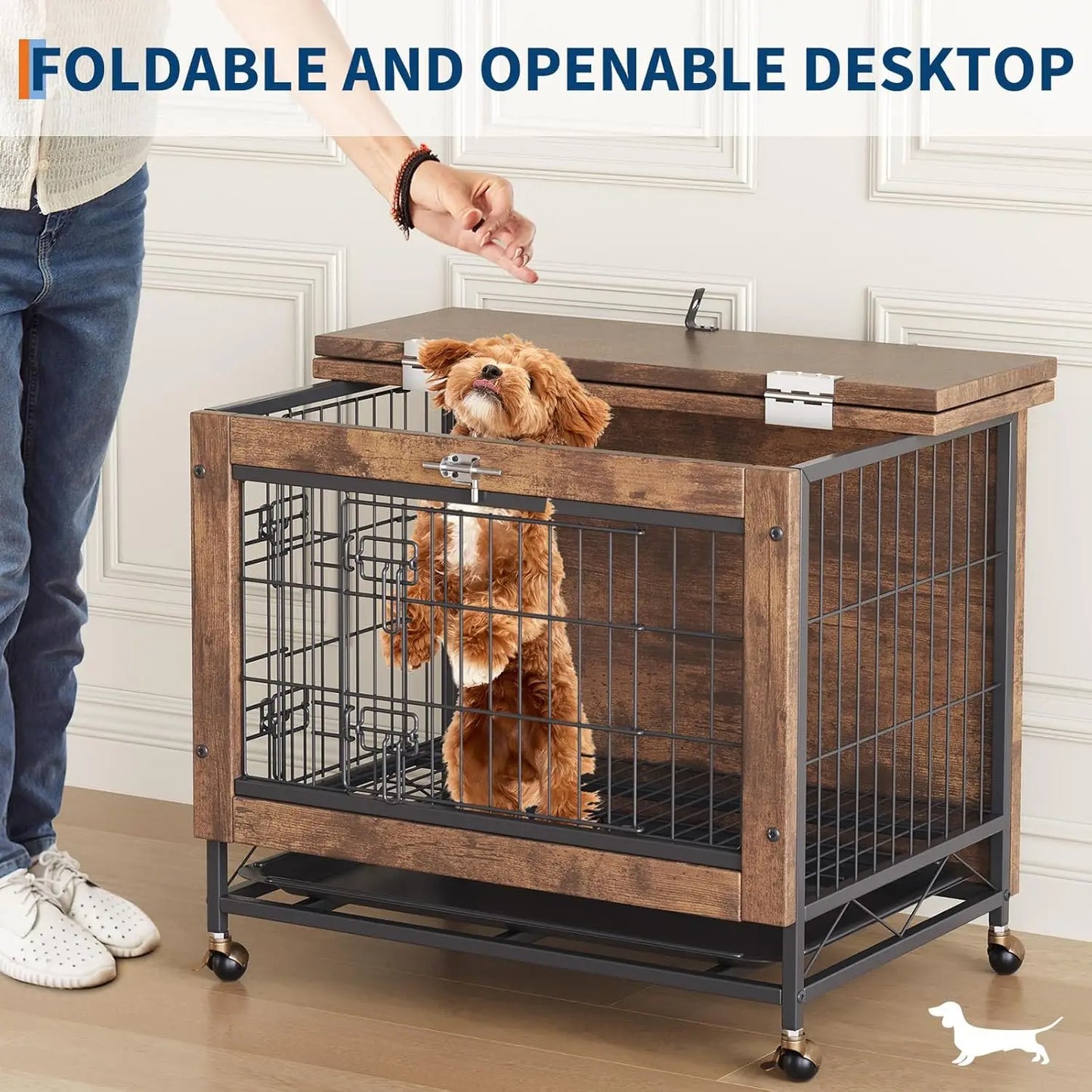 Dog Crate Furniture,  26 Inch Indoor Wooden Kennel Double-Door Pet Cage with Wheels/Removable Tray, Indoor Pet Side Table