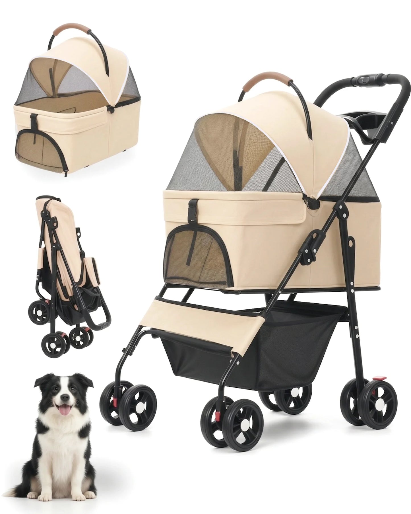 2-in-1 Pet Stroller for Small Dogs Cats Foldable Lightweight 4 Wheel Dog Stroller with Removable Carrier Travel Portable Pet Cart