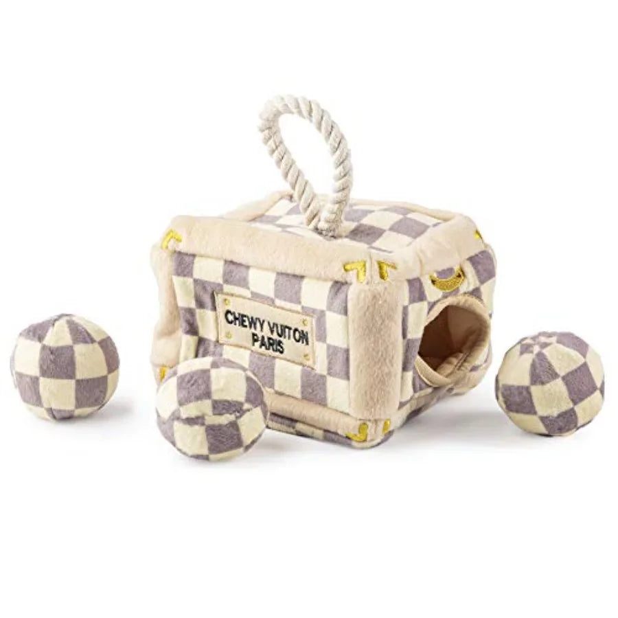Checker Chewy Vuiton Trunk Activity House.  Plush Designer Dog Toy with Interactive Squeaker.  Stimulating Pet Enrichment Machine-