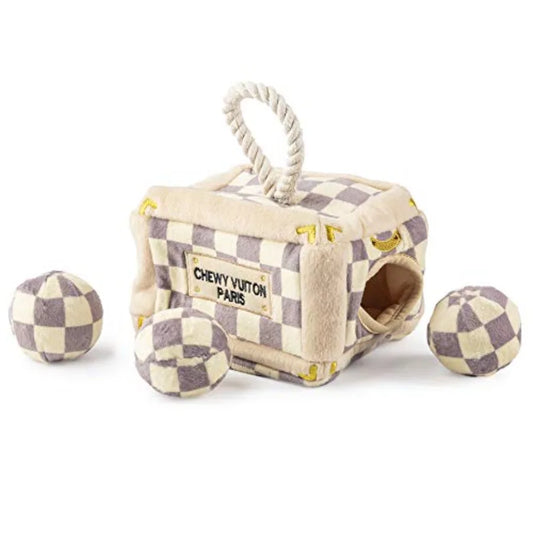 Checker Chewy Vuiton Trunk Activity House.  Plush Designer Dog Toy with Interactive Squeaker.  Stimulating Pet Enrichment Machine-