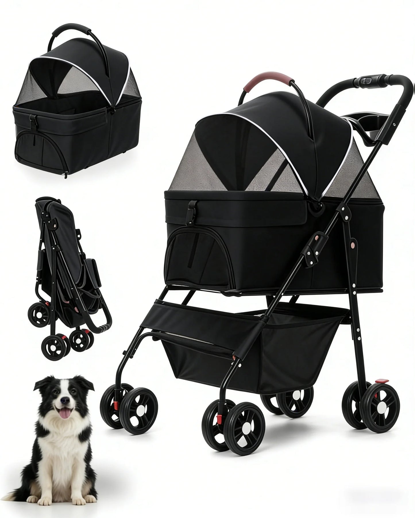 2-in-1 Pet Stroller for Small Dogs Cats Foldable Lightweight 4 Wheel Dog Stroller with Removable Carrier Travel Portable Pet Cart