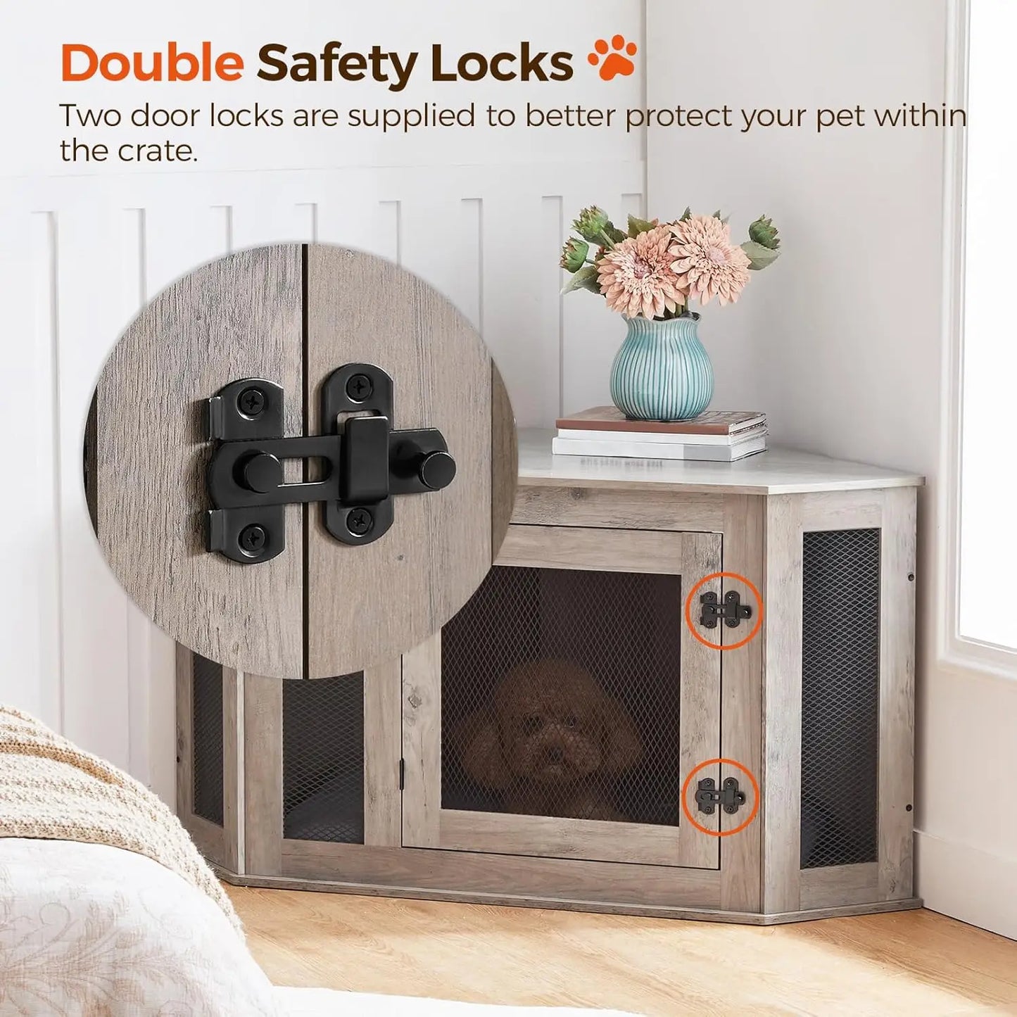 Corner Dog Crate, Wooden Kennel End Table for Small Medium Dogs, Decorative Pet Cage for Indoor Use, Greige Black