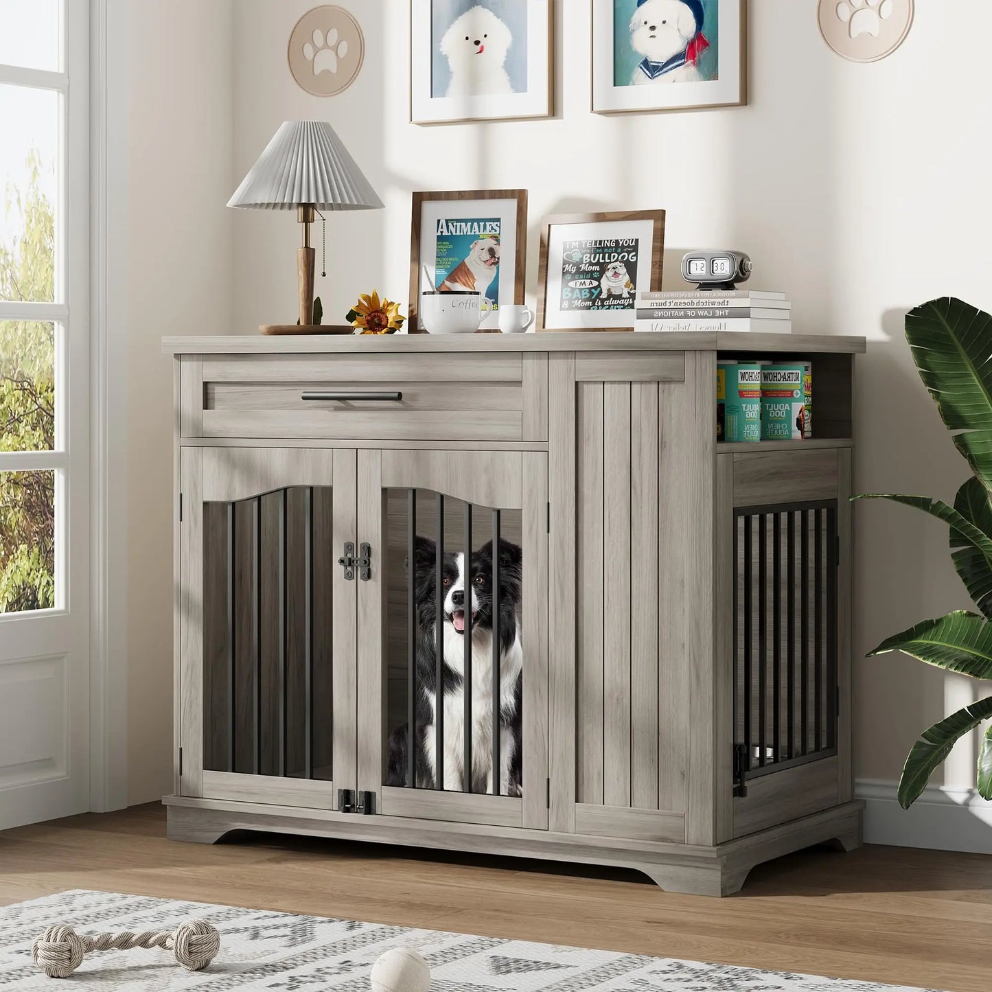 44 Inch Furniture Style Dog Crate, Heavy Duty Wooden Dog Kennel With Drawer Side Storage & Built-in Feeding Station For Pets