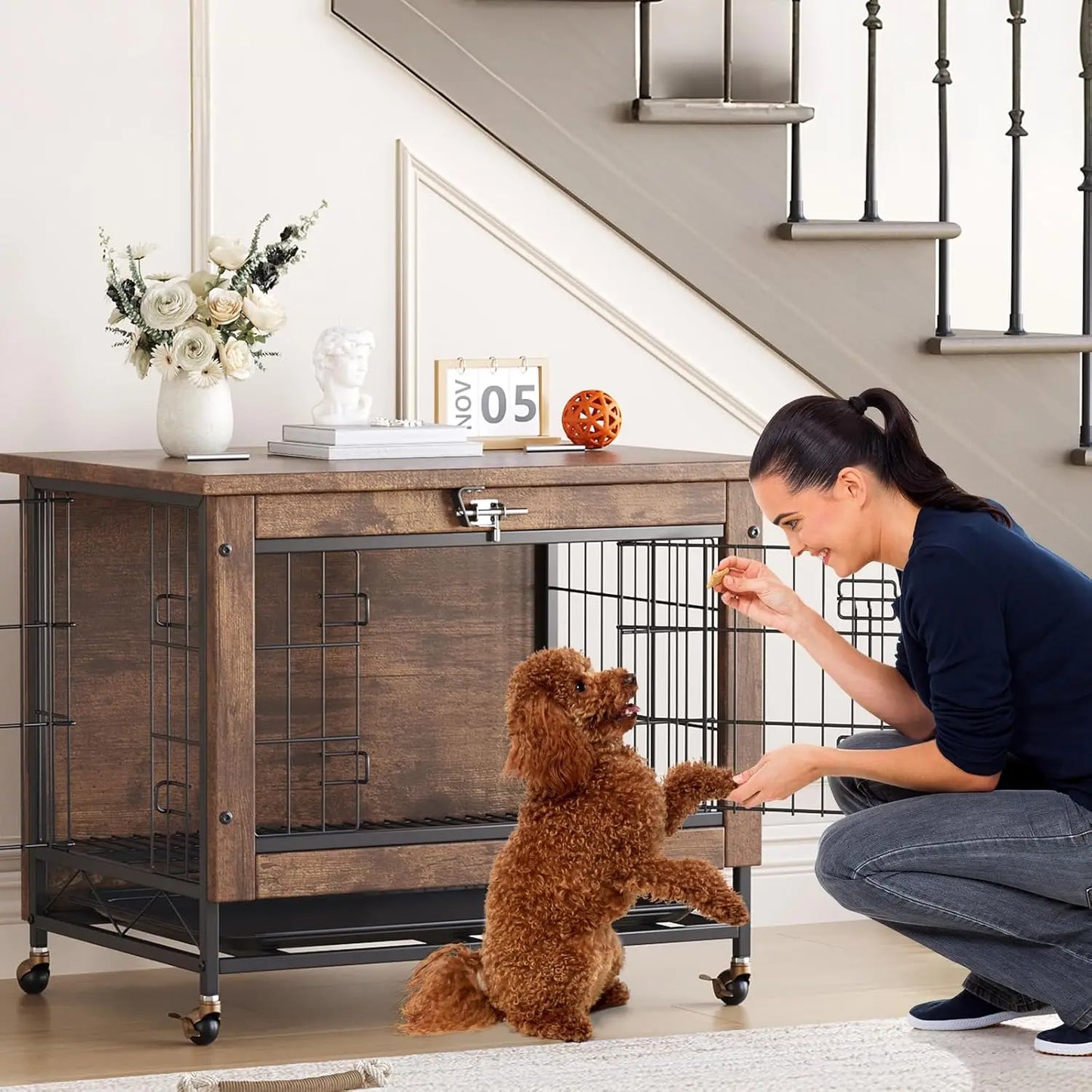 Dog Crate Furniture,  26 Inch Indoor Wooden Kennel Double-Door Pet Cage with Wheels/Removable Tray, Indoor Pet Side Table