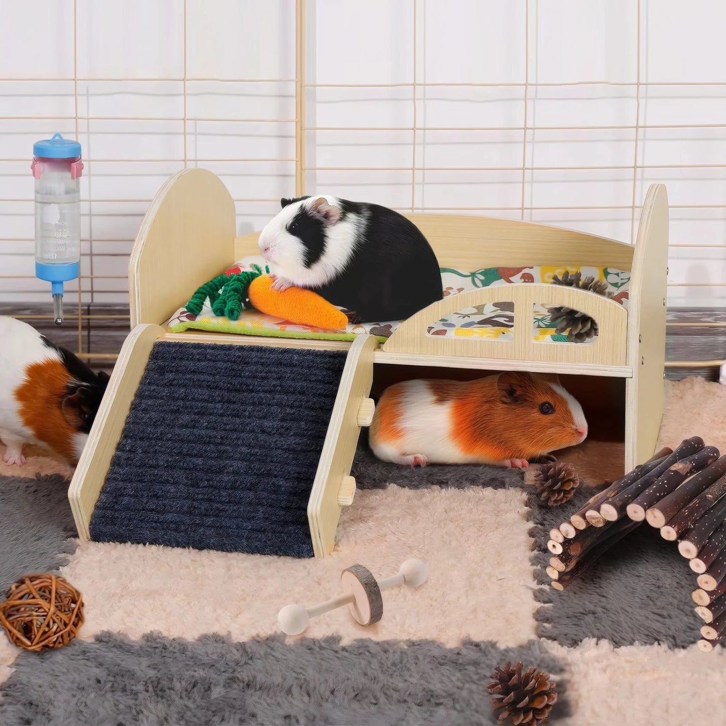 Wooden Small Animal Bed with Stable Stairs & Mat, Guinea Hideout with Washable Multi-Level Guinea Pig Platform