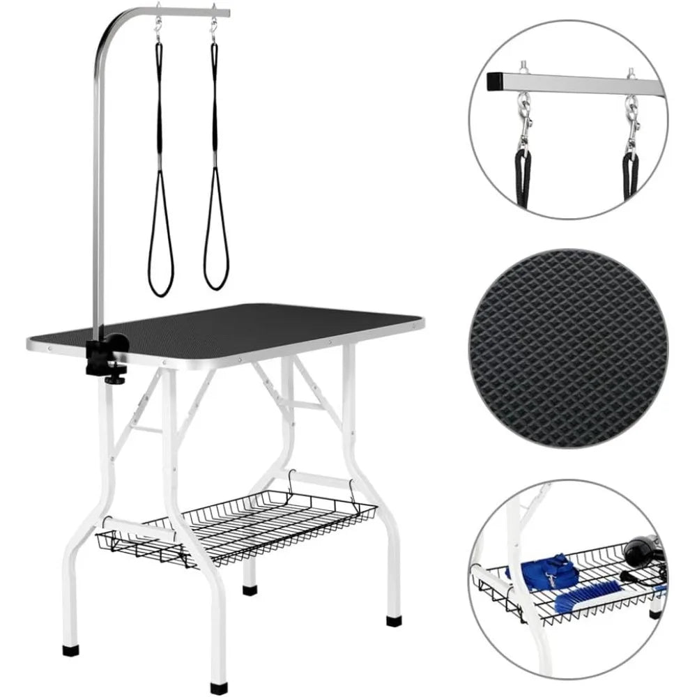 36'' Dog Grooming Table, Pet Foldable Grooming Table w/Double Loops/Mesh Tray/Adjustable Arm, Black