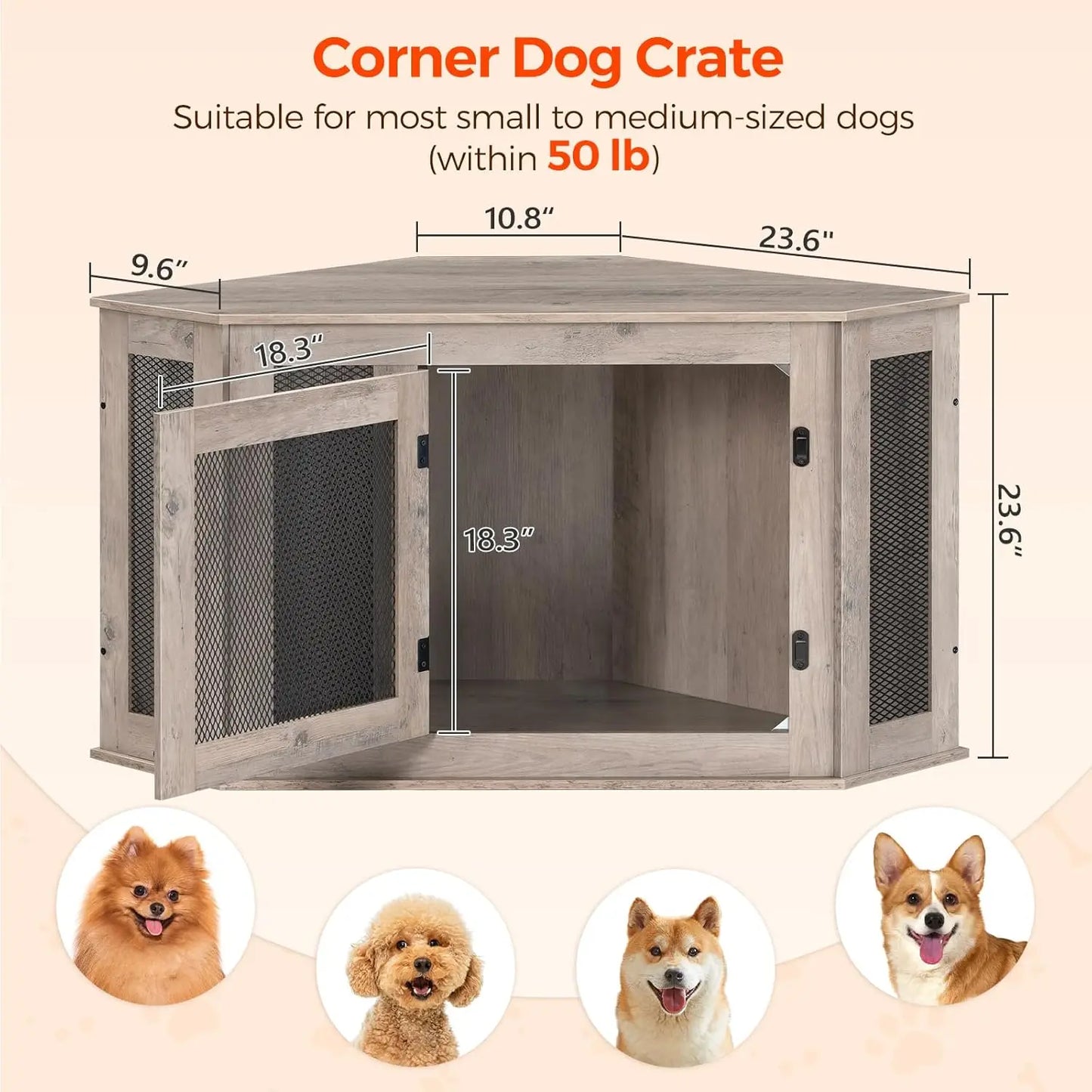 Corner Dog Crate, Wooden Kennel End Table for Small Medium Dogs, Decorative Pet Cage for Indoor Use, Greige Black