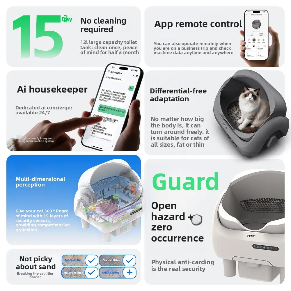 Big mouth automatic cat litter box.  Electric smart cat toilet.  Open oversized deodorant with sand shovel.