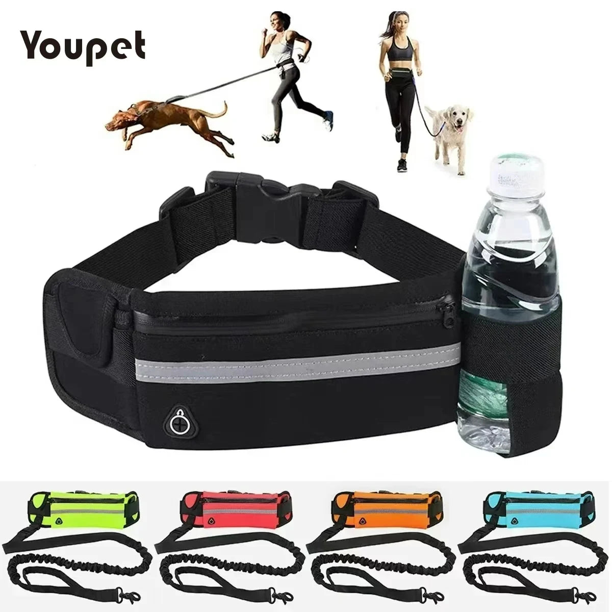 Dog Running Waist Leash Nylon Pet Leash with Waist Bag, Retractable Elastic Belt, Dog Traction Rope & Reflective Belt Buckle