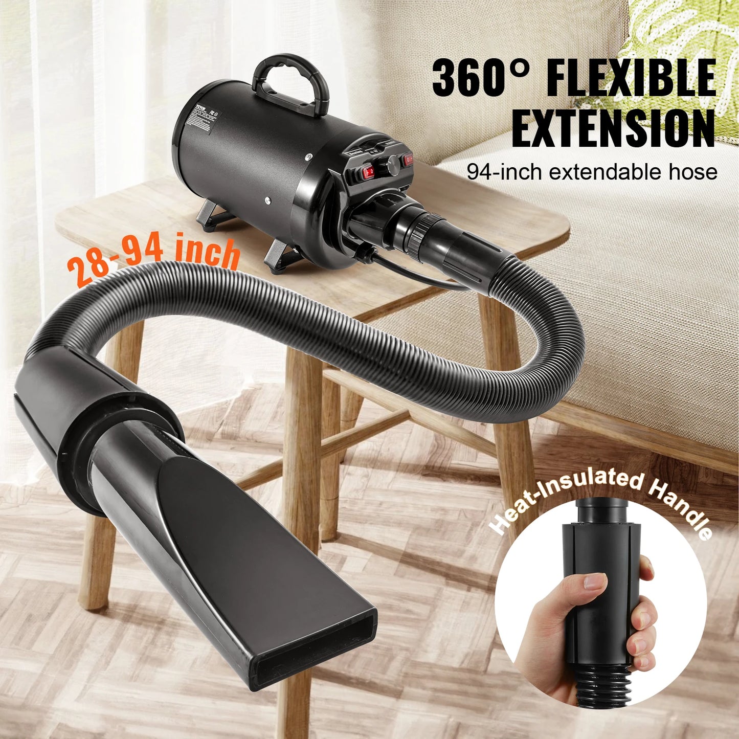 SucceBuy 2000W/2.7HP Dog Blow Dryer Adjustable Speed Temperature Control with 4 Nozzle and Extendable Hose for Pet Hair Grooming