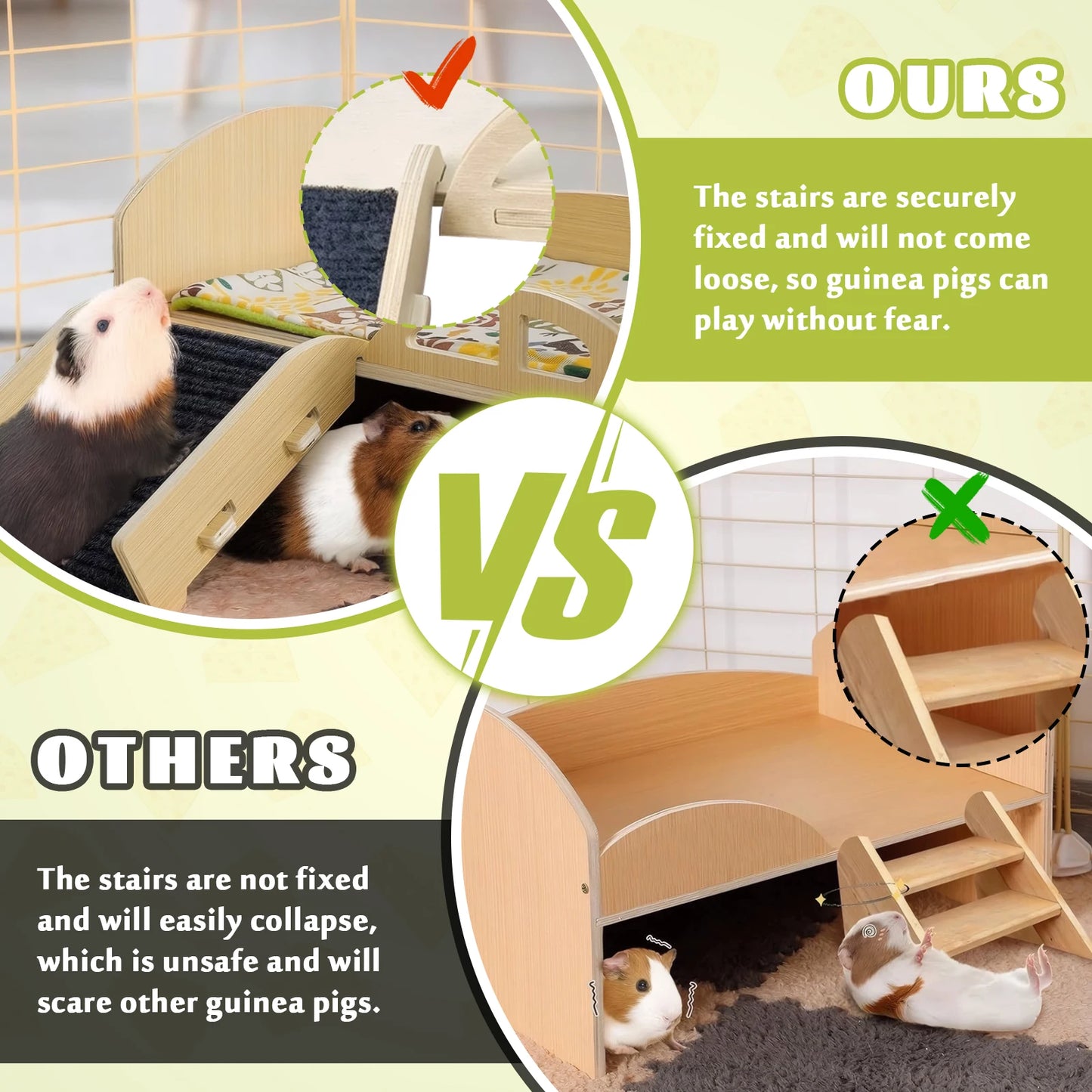 Guinea Pig Bed with Stable Stairs & Mat.  Wood Pet Toy Bed, Washable with Multi-Level Castle for Guinea Pigs, Hamsters, Bunnies & Chinchillas