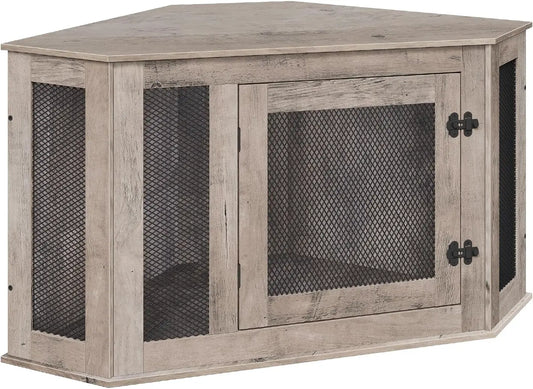 Corner Dog Crate, Wooden Kennel End Table for Small Medium Dogs, Decorative Pet Cage for Indoor Use, Greige Black