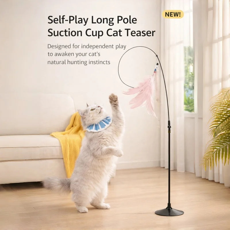 Strong Suction Cup Cat Teaser Toy, Heavy Duty Detachable Long Rod with Bell, Interactive Kitten Toy for Indoor Cats