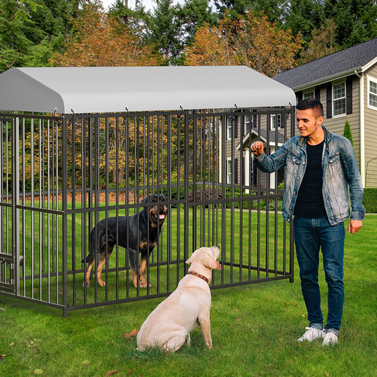 Heavy Duty Outdoor Dog Kennel with Roof,  Large 8x4x6FT Galvanized Metal Dog House with Secure Lock,  UV Water-Resistant Black Cover