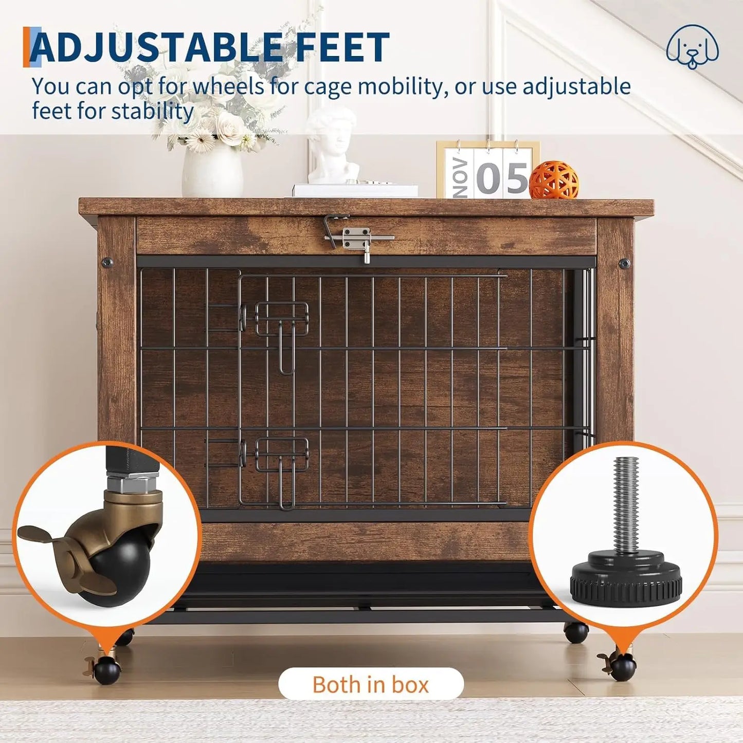 Dog Crate Furniture,  26 Inch Indoor Wooden Kennel Double-Door Pet Cage with Wheels/Removable Tray, Indoor Pet Side Table