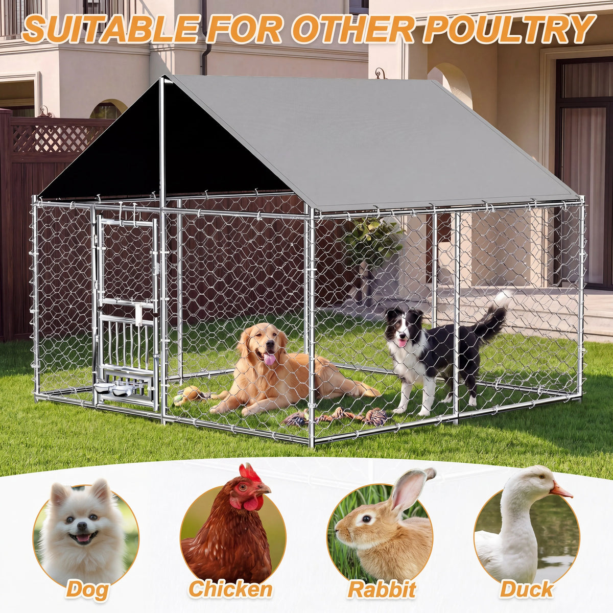 Dual-Opening Door Designed Heavy Duty Large Outdoor Dog Kennel with 200D Waterproof UV-Resistant Roof and 360° Rotate Dog Bowls
