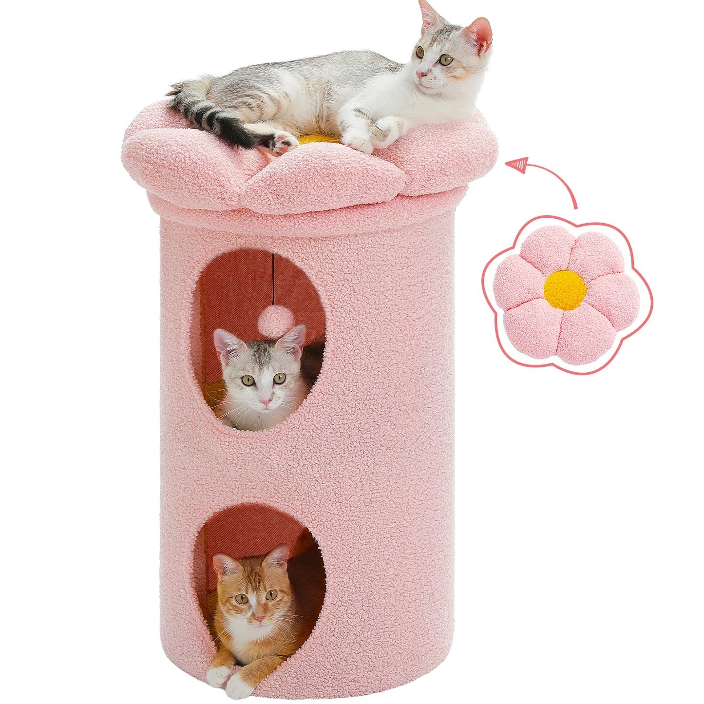 2-Storey Cat Beds for Indoor Cats, Large Cat House with Removable Flower Cat Bed, Cute Cat Cave, Cat Hideaway & Indoor Cat  Condo