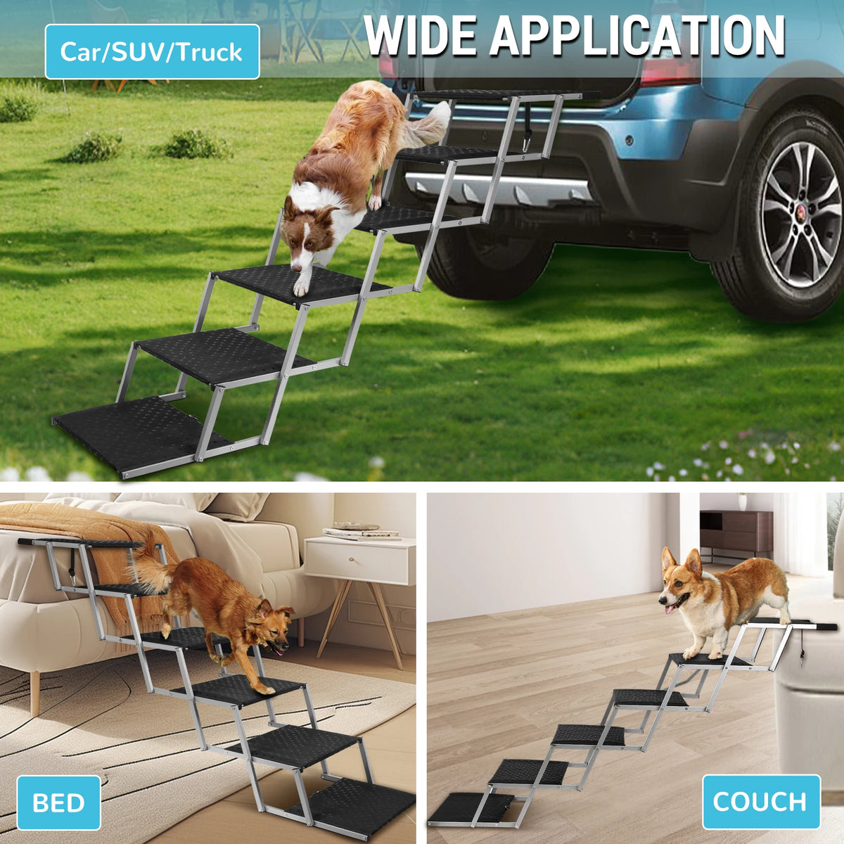 Adjustable Foldable Dog Stairs Set - Stainless Steel Pet Steps for Cars, Trucks & SUVs, Ideal for Medium & Large Breeds