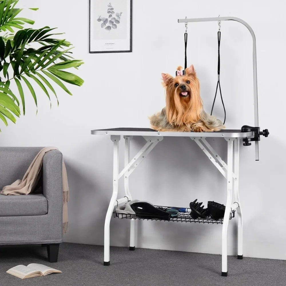 36'' Dog Grooming Table, Pet Foldable Grooming Table w/Double Loops/Mesh Tray/Adjustable Arm, Black